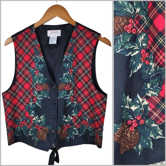 Vintage Talbots Plaid Vest Size Medium Petite Holly Pinecone Holiday Christmas - Picture 1 of 6
